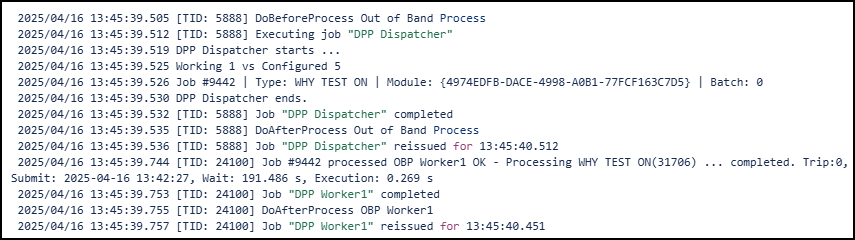 A log showing jobs being processed and completed.