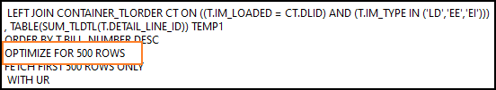 A SQL query with a line labeled OPTIMIZE FOR 500 ROWS.