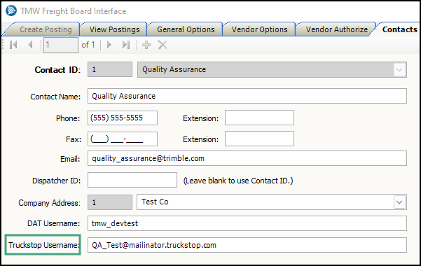 A TruckStop Username on the Contacts tab of FBI.