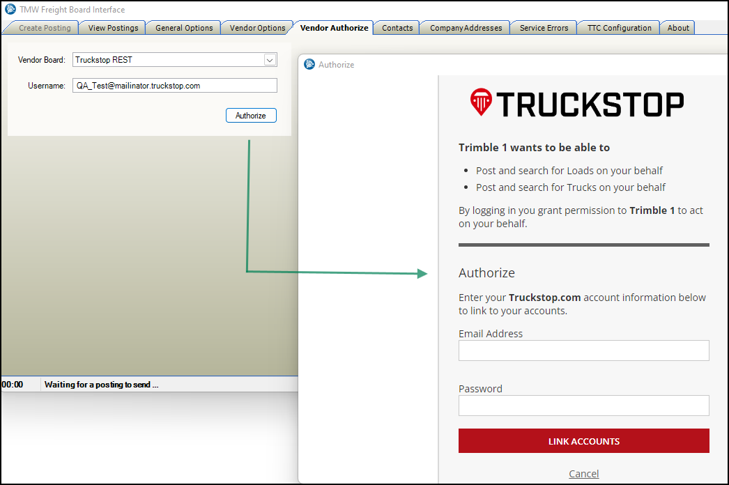 A window asking to authorize a user to access Truckstop.com.