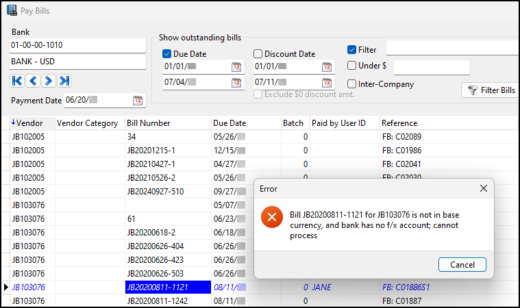 An error stating that the bill is not in base currency.