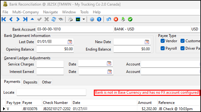 A warning that says the bank is not in base currency and has no FX account configured.