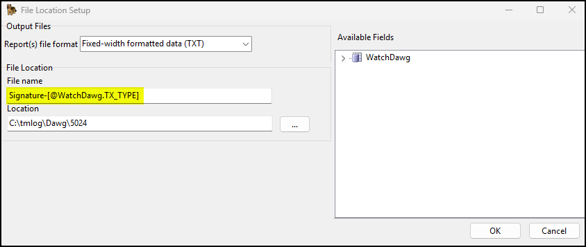 The File Location Setup window.