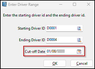 The Enter Driver Range window.