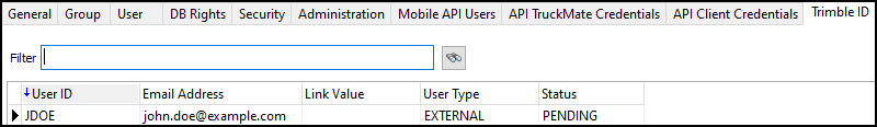 An external pending user on the Trimble ID tab.