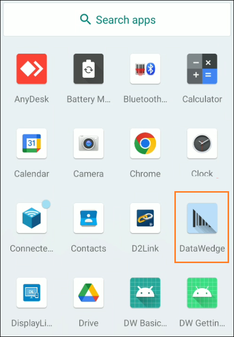 An app list with the DataWedge icon emphasized.