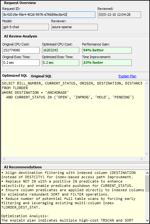 The SQL AI Analysis Results window.