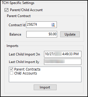 The Parent/Child Account and Parent Contracts checkboxes.