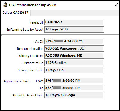 The ETA Information for Trip window.
