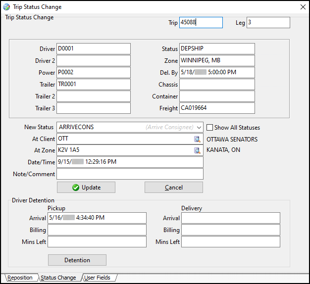 The Trip Status Change window.