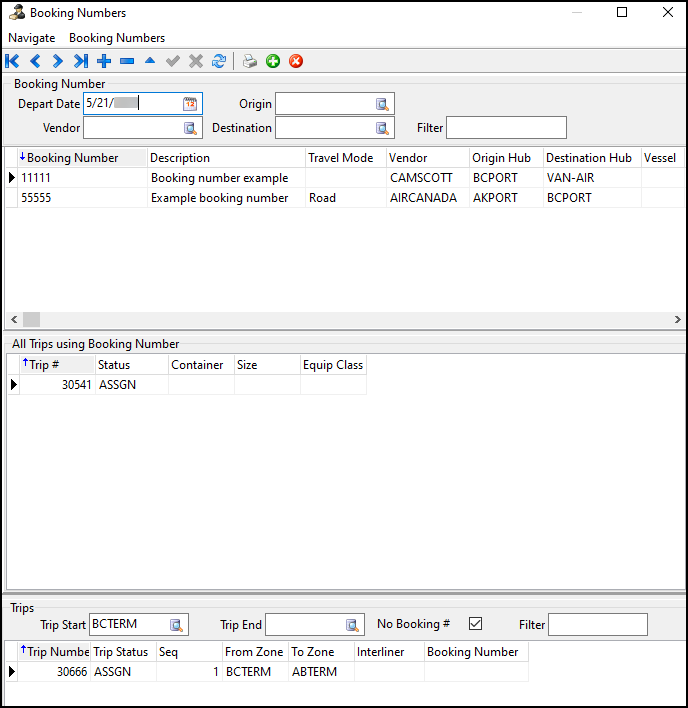 The Booking Numbers window.