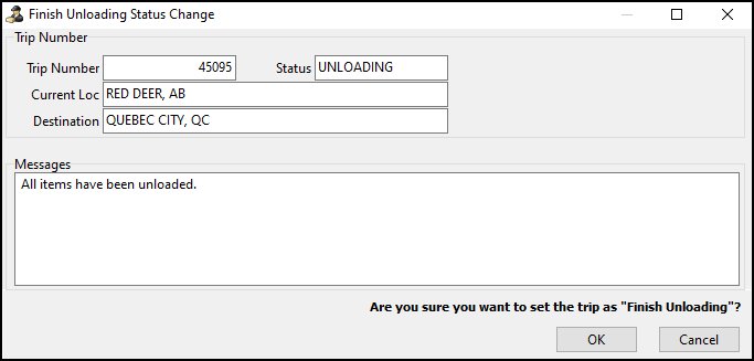 The Finish Unloading Status Change window.