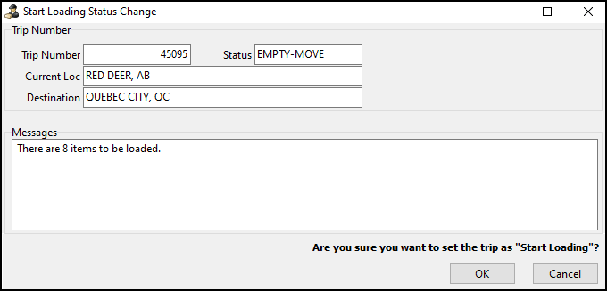 The Start Loading Status Change window.