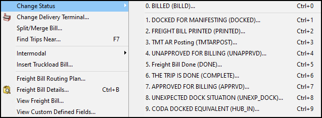 A list of statuses in a shortcut menu.