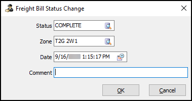 The Freight Bill Status Change window.