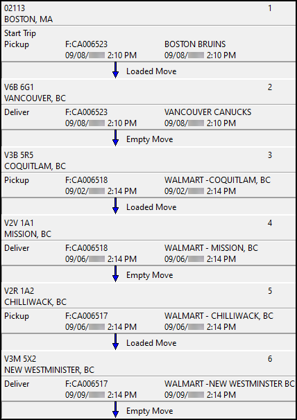 A trip with alternating loaded and empty moves.