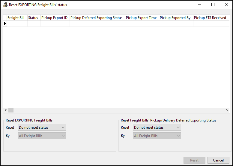 The Reset EXPORTING Freight Bills’status window