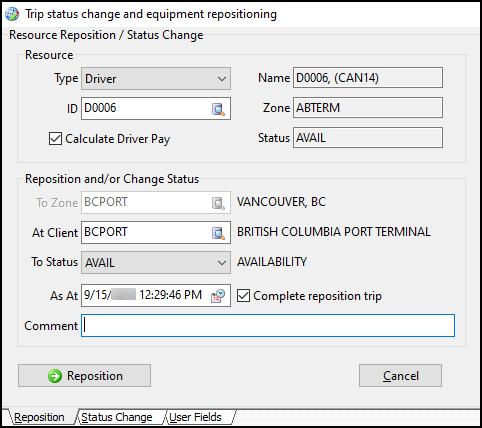 The Trip status change and equipment repositioning window.