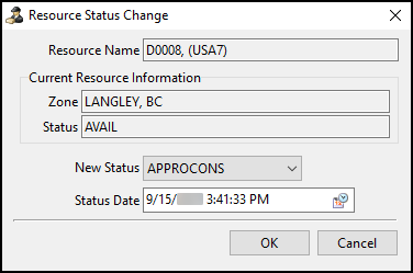 The Resource Status Change window.