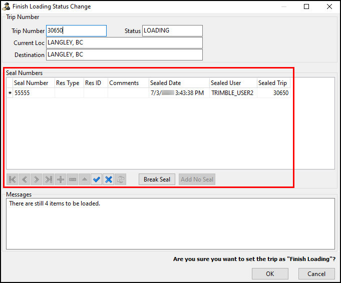 The Seal Numbers pane on a Finish Loading Status Change window.