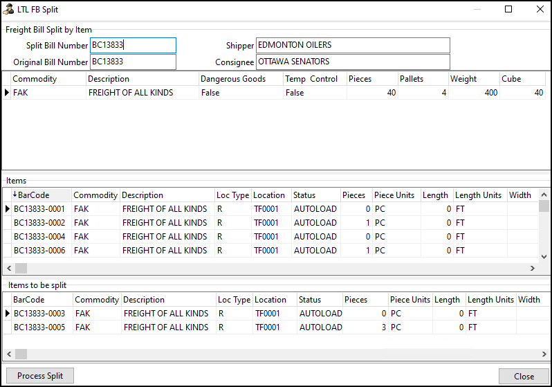 The LTL FB Split window.