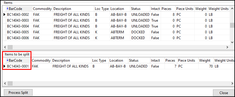 The Items to be split grid.