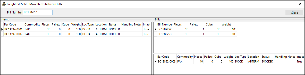 The Move Items between bills window.