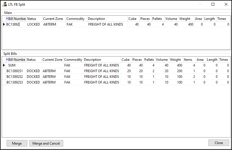 The LTL FB Split window with Merge options.