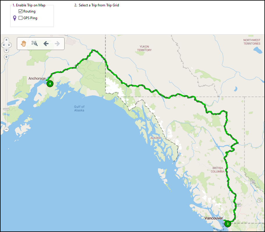 Trimble Map View with a route going from Anchorage to Vancouver.