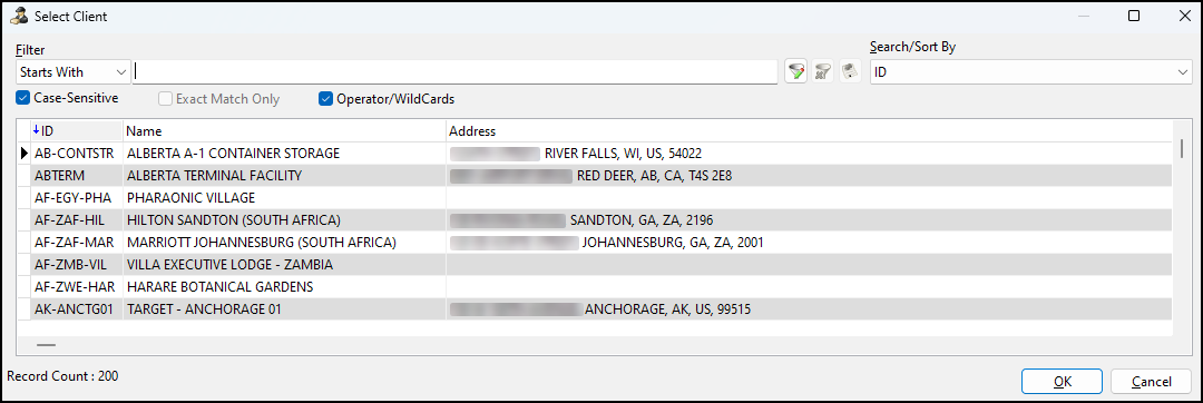 The Select Client window.