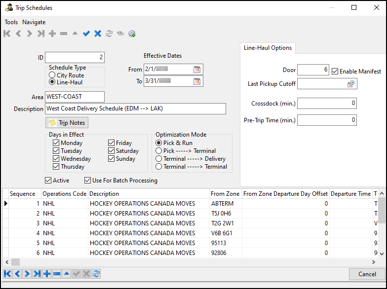 The Trip Schedules window.