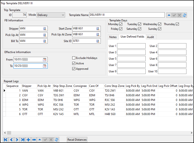 The Trip Template window.