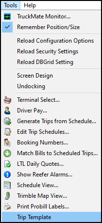 The Tools menu with the Trip Template option highlighted.