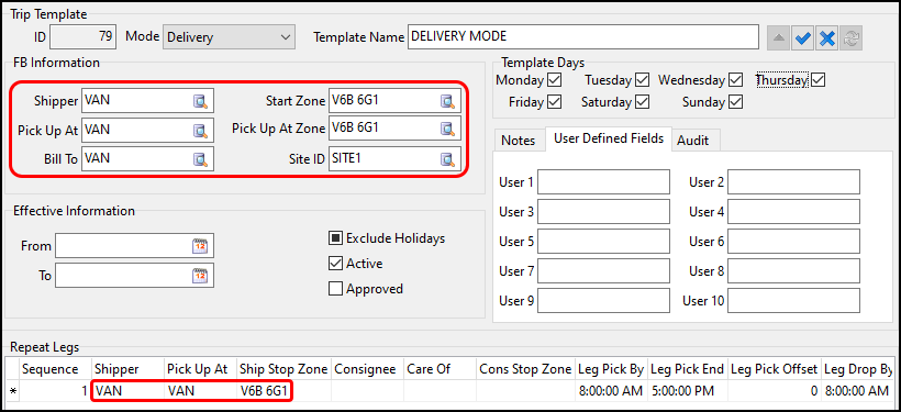 A Delivery trip template with VAN as the shipper.