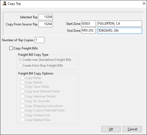 A window that shows the selected trip and options for which parts of its freight bill to copy.
