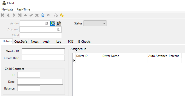 Child account details such as vendor ID