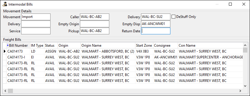 A list of intermodal freight bills with details such as the movement type