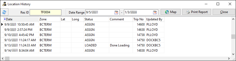 A list of timestamped zones.