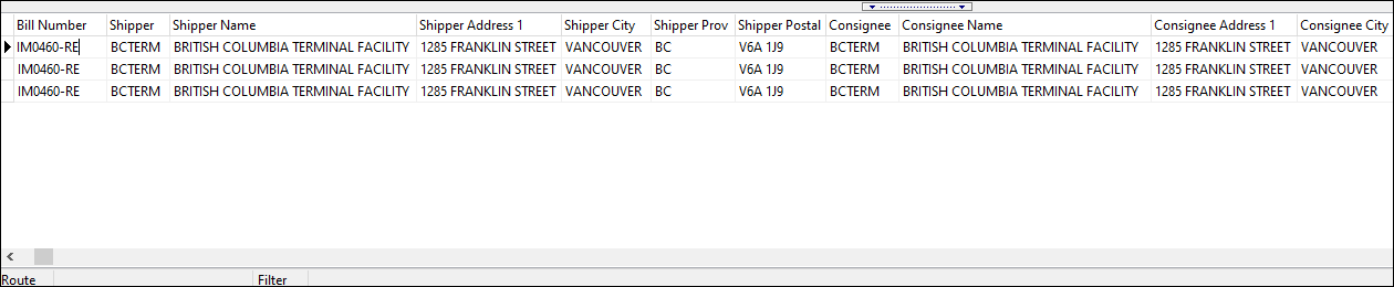 A list of freight bills and their shipper info.