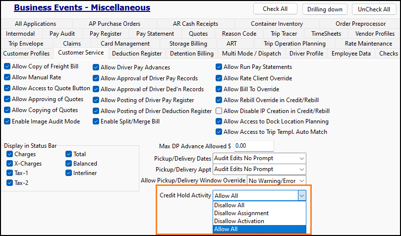 The Credit Hold Activity setting.