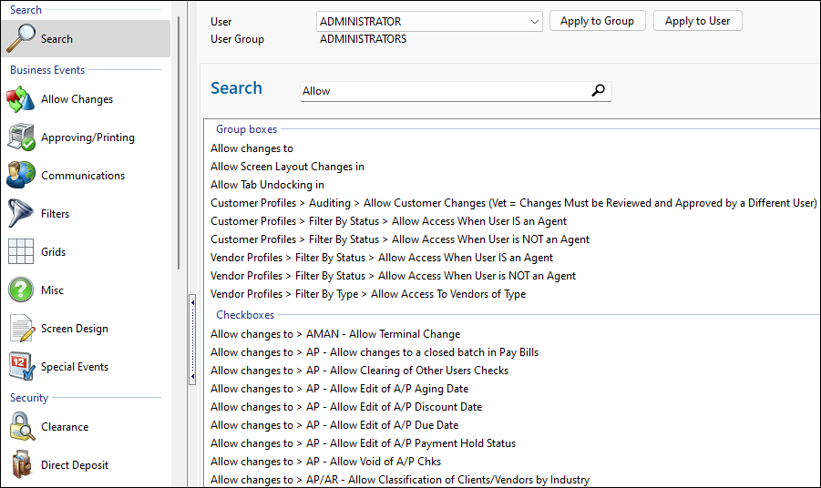 Security settings search results.