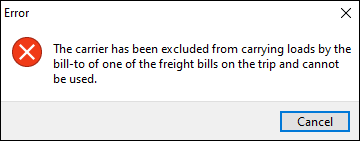 An error message that the carrier has been excluded from carrying loads.