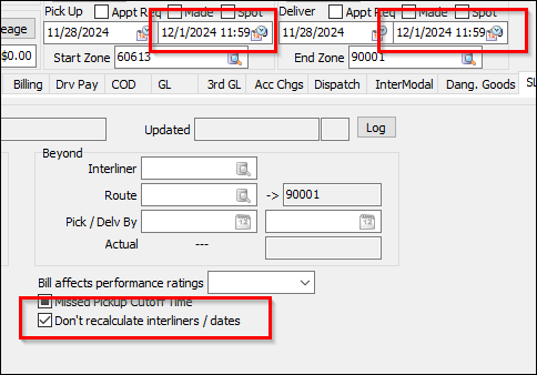 A bill with the Don’t recalculate interliners/dates checkbox selected and its Pick Up By and Delivery By end dates emphasized.