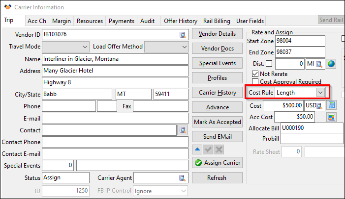 The Carrier Information window with the Cost Rule value set to Length.
