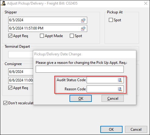The Audit Status Code and Reason Code fields.