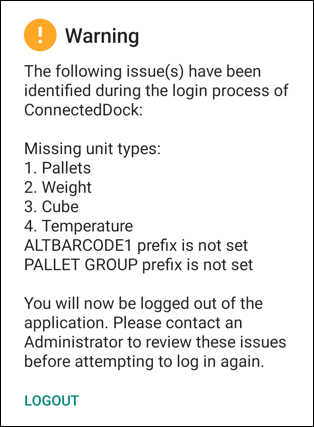 A warning with a list of issues preventing login.