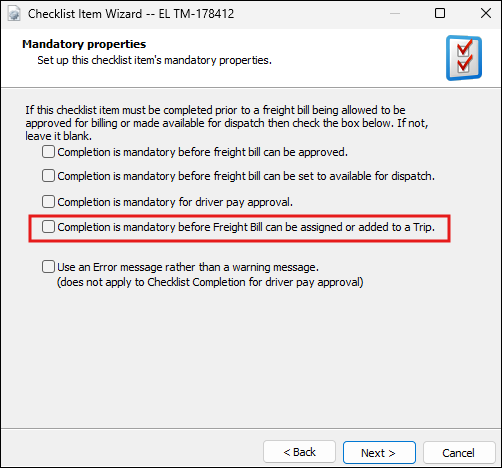 The Checklist Item Wizard with the new option emphasized.