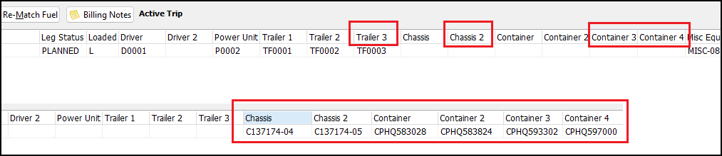 The trip grid showing the four new resource fields.