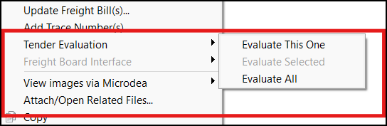 A shortcut menu with the Tender Evaluation option and three sub options.
