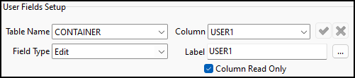 The CONTAINER User Fields Setup pane.